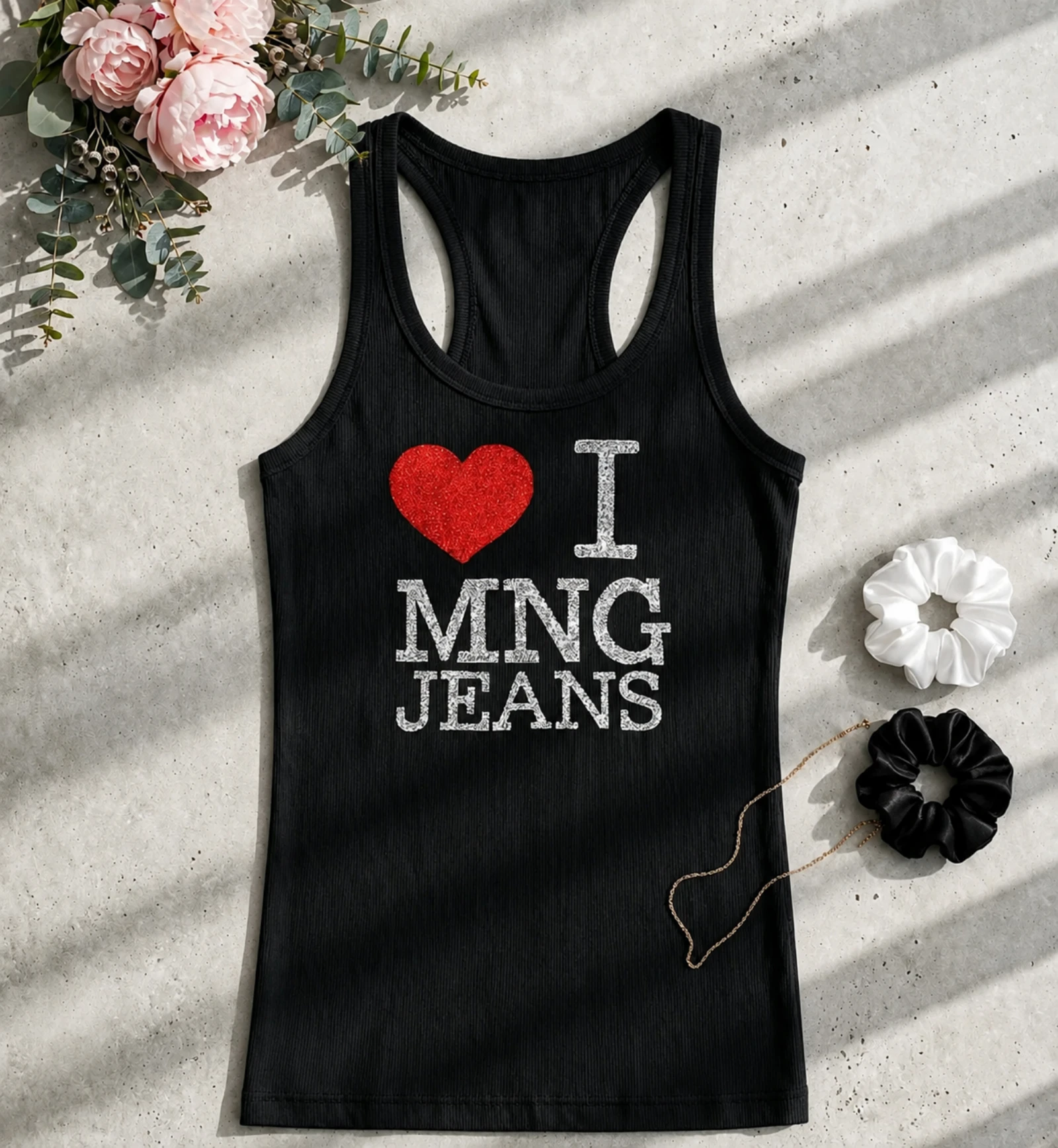 Débardeur noir côtelé imprimé MNG Jeans